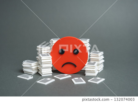 A sad smiley face and piles of documents and papers. High bureaucracy. Backlog of work. Office stress, paperwork overload, and inefficiency. Business management and HR themes. 132074003