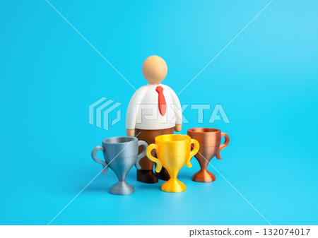 Office worker with many awards. Recognition of achievements and merits. Highly qualified employee. Success, professional growth, and reward system. Career, business, and leadership content. 132074017