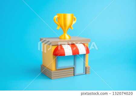 A store with a gold winner's cup. Best store or business. High sales performance, customer trust, and market leadership. Retail, entrepreneurship, and brand reputation topics. A store with a gold winner's cup. Best store or business. High sales performance, customer trust, and market leadership. Retail, entrepreneurship, and brand reputation topics. 132074020