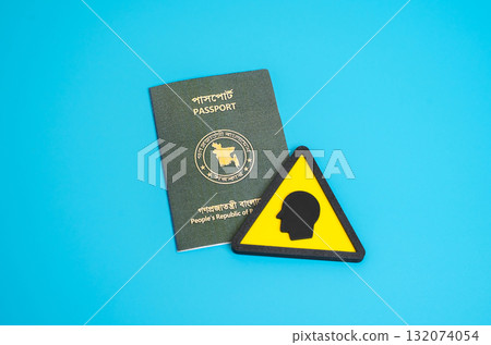 Passport of republic of Bangladesh and human symbol. Identity card. Obtaining citizenship. Migration studies, border control, global mobility, travel policy and law enforcement. Biometric data. 132074054