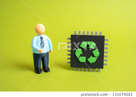 Office worker and recycling technologies. Waste-free production, recycled materials. Environmental conservation and corporate sustainability. Green business and innovation 132074081