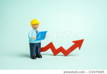 A builder with blueprints and an upward arrow. Increased construction and industrial development. Rising housing prices, market demand, and professional growth A builder with blueprints and an upward arrow. Increased construction and industrial development. Rising housing prices, market demand, and professional growth 132074085