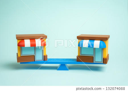 Comparison of two businesses. Compare stores and brands. Competing retail chains. Market competition, business strategy, and consumer choice. Marketing and analytics themes. 132074088