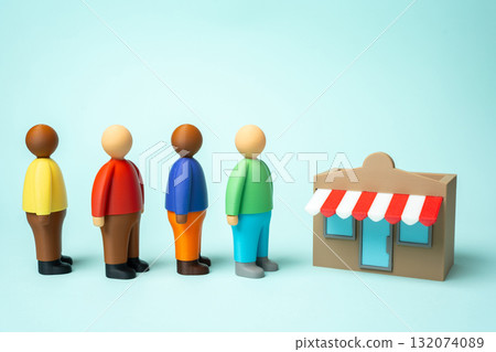 A line of customers at a store. A successful business. A sale event. Shopping, demand growth, and consumer behavior. Commerce, retail, and advertising subjects. 132074089