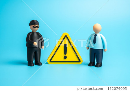 Office worker and robber. Alert to danger and warning about corporate data theft risks. Spies and scammers. Business protection, IT security, and workplace safety 132074095