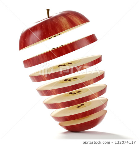 Red apple slices arranged in layers, creating a visually appealing floating effect against a white background 132074117