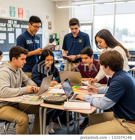 Students collaborate on a group project using laptops and colorful materials in a modern classroom setting 132074146