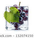 Grapes and grape leaf frozen in clear ice cube for summer refreshment or creative cocktail garnish 132074150