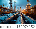 Industrial facility at dusk with pipelines and towering gas flares illuminating the skyline 132074152