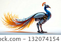 Robotic peacock standing majestically with vibrant tail feathers in a futuristic design and a bright background 132074154