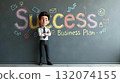 Cartoon character stands confidently in front of colorful chalkboard displaying success and business plan concepts 132074155