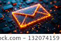 Glowing digital envelope icon surrounded by circuit patterns in a dark, high-tech setting 132074159