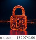Digital padlock symbolizing cybersecurity protection in a futuristic landscape at night 132074160