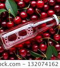 Beverage bottle surrounded by fresh red cherries with bubbling drink inside 132074162