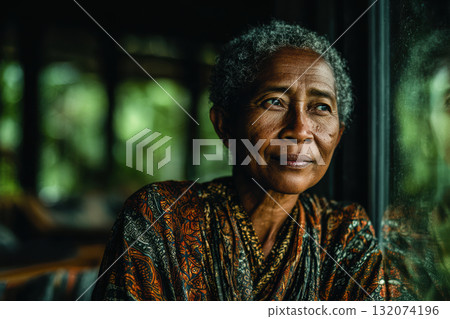 Thoughtful elderly woman gazing out window with natural light illuminating face 132074196