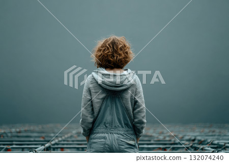 Young woman standing in empty space with gray background and soft light Young woman standing in empty space with gray background and soft light 132074240