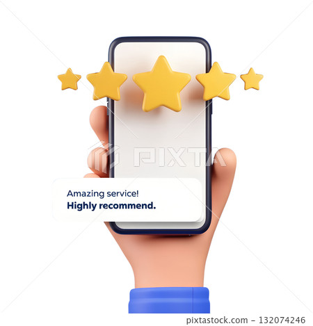 3d illustration of a smartphone showing a perfect five-star rating for service, customer satisfaction concept isolated 132074246