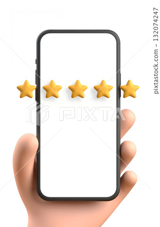 3d render of a five-star customer review and service rating displayed on a mobile phone screen, isolated on a transparent background 132074247