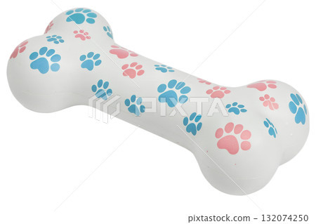 White rubber dog bone toy with colorful blue and pink paw print patterns, pet chew toy isolated on transparent background White rubber dog bone toy with colorful blue and pink paw print patterns, pet chew toy isolated on transparent background 132074250
