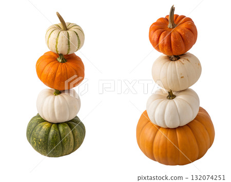 Stack of white, orange and green pumpkins for autumn harvest or halloween decor, isolated on transparent background 132074251