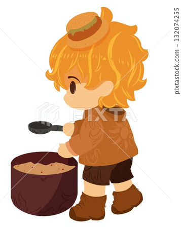 A funny boy is eating porridge. Isolated on white background. Illustration. 132074255