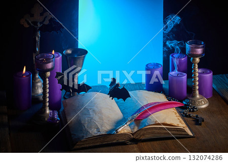 Dracula room decoration for Halloween, Dark decor with wooden table and burning candles 132074286