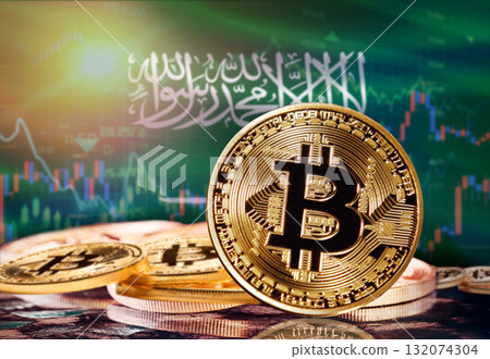 Bitcoin with Saudi Arabia flag in the background. Investors in cryptocurrency and Blockchain Technology in Saudi Arabia, Concept 132074304