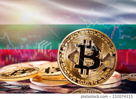 Bitcoin with Bulgaria flag in the background. Investors in cryptocurrency and Blockchain Technology in Bulgaria, Concept 132074313