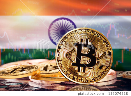 Bitcoin with India flag in the background. Investors in cryptocurrency and Blockchain Technology in India, Concept Bitcoin with India flag in the background. Investors in cryptocurrency and Blockchain Technology in India, Concept 132074318