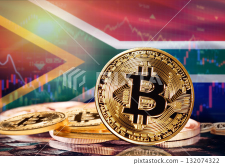 Bitcoin with South Africa flag in the background. Investors in cryptocurrency and Blockchain Technology in South Africa, Concept 132074322