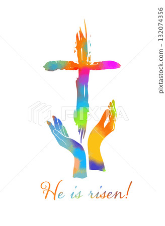 Christian cross vector. colored blotted cross. He is risen hand drawn. Not AI, Vector 132074356