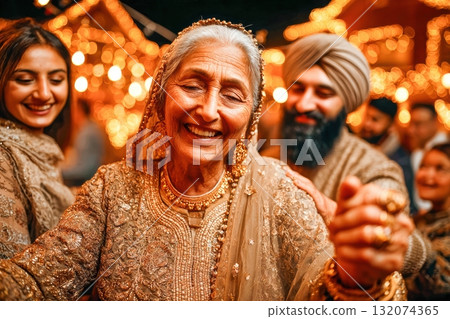 Joyful elderly woman dancing at festive celebration with family members 132074365