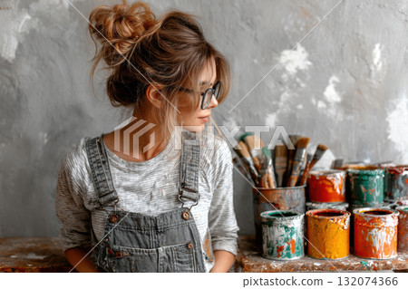 Creative artist with glasses in studio surrounded by colorful paint cans Creative artist with glasses in studio surrounded by colorful paint cans 132074366