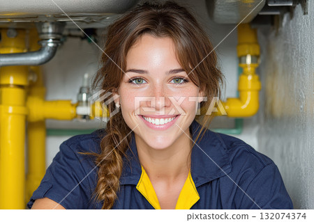 Smiling female technician working under sink with plumbing pipes visible 132074374