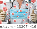 Doctor holds mask with germs in the background. 132074416