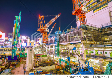 Tokyo cityscape, Japan, October 17th. Huge heavy machinery such as crawler cranes and pile drivers are lined up... = Shibuya Tokyo cityscape, Japan, October 17th. Huge heavy machinery such as crawler cranes and pile drivers are lined up... = Shibuya 132074521