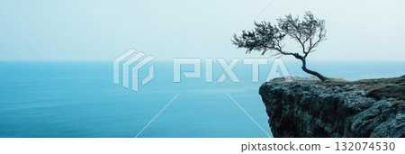 Solitary tree growing on edge of seaside cliff with ocean view 132074530