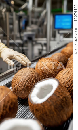 Halved coconuts moving on automated production line in industry Halved coconuts moving on automated production line in industry 132074563
