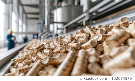 Wood pellets on conveyor belt in modern biomass energy production plant 132074570