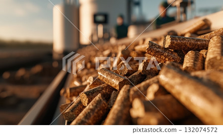 Biomass fuel pellets moving on industrial conveyor in renewable energy factory 132074572