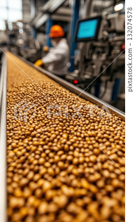 Close-up of grain production line with seeds moving on automated conveyor 132074578