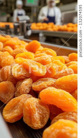 Close-up of dried apricots on industrial conveyor in factory Close-up of dried apricots on industrial conveyor in factory 132074595