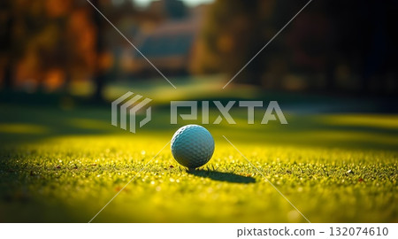 Golf ball on tee and green on golf course. 132074610