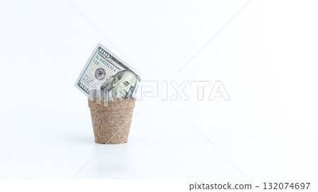 Financial Growth Concept Hundred Dollar Bill in a Pot on White Background, Investment Concept Financial Growth Concept Hundred Dollar Bill in a Pot on White Background, Investment Concept 132074697