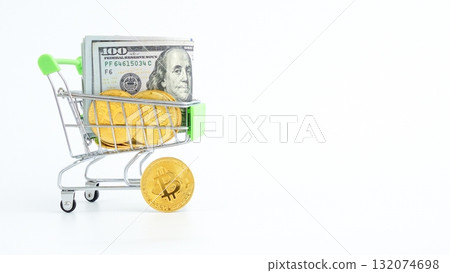 Shopping Cart Filled with Currency Dollars and Bitcoin Coins on White Background Shopping Cart Filled with Currency Dollars and Bitcoin Coins on White Background 132074698