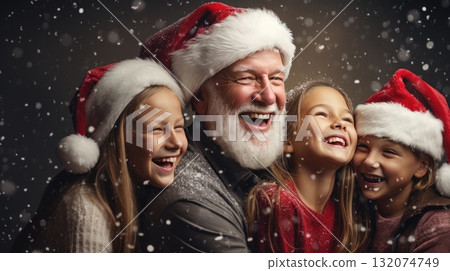 Happy Friends wearing winter clothes celebrating Christmas holiday. People having fun hanging out together walking on city street. Winter holidays and relationship concept 132074749
