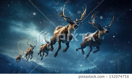 Santa Claus's reindeers are flying in sky over Christmas night city. Winter holiday magic. Seasonal greetings. Shiny sparkles. Santa Claus's reindeers are flying in sky over Christmas night city. Winter holiday magic. Seasonal greetings. Shiny sparkles. 132074758