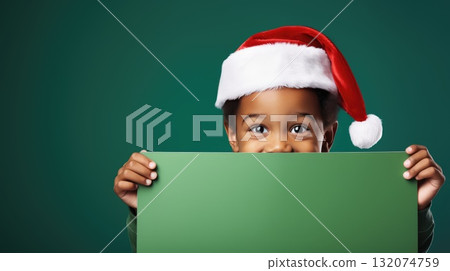 Surprised young black child in Santa hat hiding behind green advertisement board, Copy space for text or design, kid peeking out blank banner. Surprised young black child in Santa hat hiding behind green advertisement board, Copy space for text or design, kid peeking out blank banner. 132074759