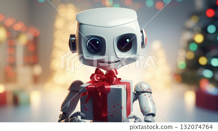 Shot of robot holding a small gift box. Holidays and celebration concept. 132074764