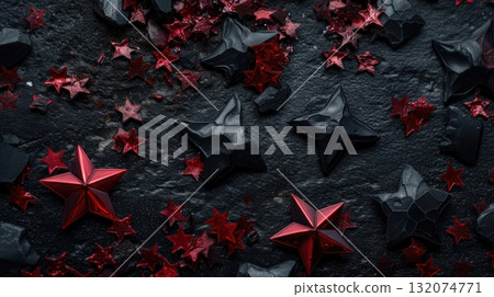 Elegant Dark Stars and Red Confetti on Black Stone Background. Festive Decoration, Celebration. 132074771